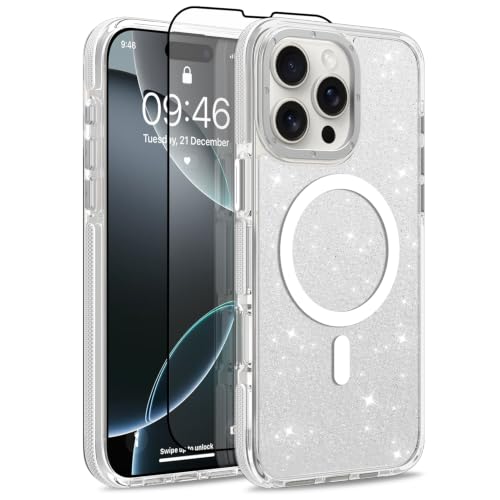 Image of Magnetic Case for iPhone 16 Pro Max [Compatible with Magsafe] [Bling Glitter Fluorescent Design] [1 Screen Protector] Slim Translucent Matte Case for iPhone 16 Pro Max 6.9 inch 2024, White