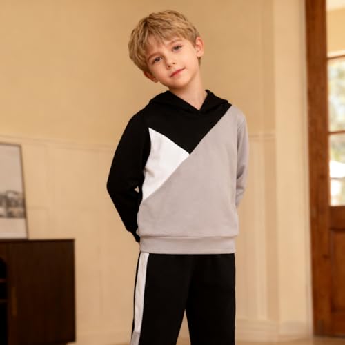 Image of Boys Clothes 2pcs Tween Boy Color Block Hoodie + Pants Little Boys Fall Winter Outfits Set, 4-12 Years