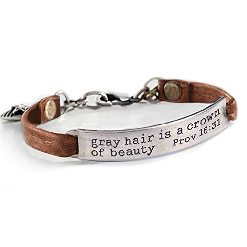 Sweet Romance Gray Hair is a Crown of Beauty Prov 16:31 Inspirational Bible Message Bracelet (Brown Leather)