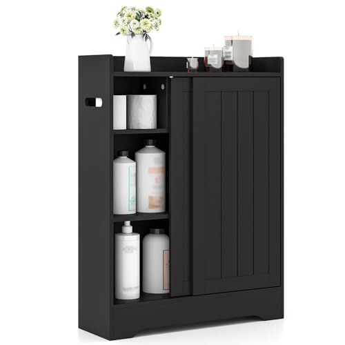 COSTWAY Mueble de Baño, Armario del Suelo con Estantes Ajustables y Puertas Correderas, Gabinete de Baño con Soportes para Papel Higiénico y Compartimento para Cepillo, 60 x 20 x 80 cm (Negro)