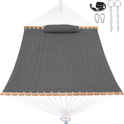 Image of Lazy Daze Hammocks 12 FT Sunbrella Fabric Quilted Hammock Double Sunbrella Quilted Hammock with Spreader Bars & Pillow, All Weather and Fade Resistant for Outdoor, 450 lbs Capacity, Cast Slate