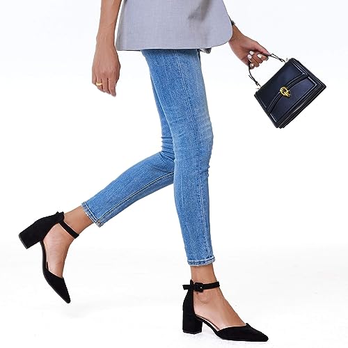 LAICIGO Women's Pointed Toe Pumps Ankle Strap Buckle Chunky Block Heel Dress D'Orsay Shoes3