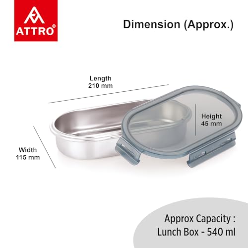Image of Attro Steelox Oval Stainless Steel Container with Plastic Seal Lid BPA Free Food Grade Leak-Proof Ideal for School, Office & Outdoor Lunch Pack - 540ml Grey