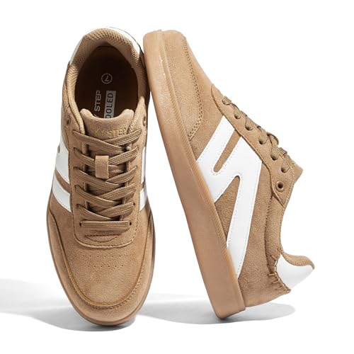 Image of LUCKY STEP Women Retro Gum Sole Fashion Sneakers | Genuine Leather Classic Tennis Skate Walking Shoes Anti Slip Trainers