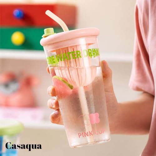 Image of Glass Tumbler with Straw & Silicone Lid - 450ml, Set of 1, Reusable Drinking Cup with Built-in Fruit Infuser, Leakproof Water Cup for Juice, Milk & Smoothies, Clear Glass Travel Mug