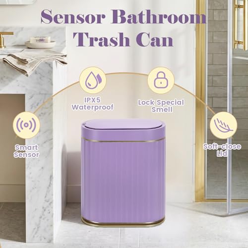 Image of ELPHECO Bathroom Sensor Trash Can - 2 Gallon Automatic Garbage Can, IPX5 Waterproof Bathroom Trash Bin, Slim Garbage Can for Bathroom, Office, Bedroom, Living Room, Purple