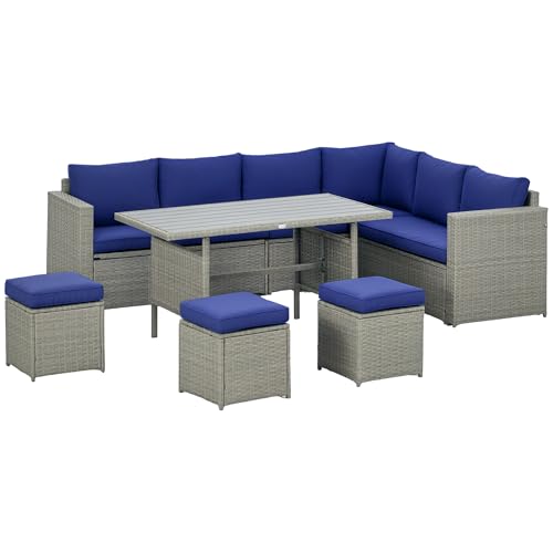 Outsunny Wicker Outdoor Patio Furniture Set, L-Shaped 7 Piece Outdoor Dining Sectional Sofa with Dining Table and Chair, Storage Loveseat, Ottomans and Cushions, Dark Blue