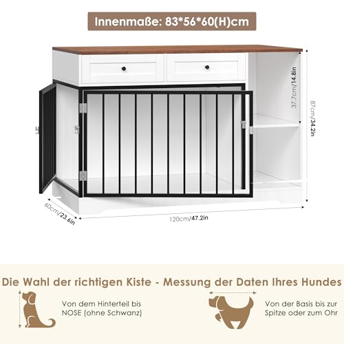 FirFurd Hundekäfig Möbel 120cm breit Hundebox für Zuhause Hundehütte Hundezwinger Hundekäfig aus Metall und Holz Hundebox mit 2 Schubladen 120 x 87 x 60 cm Braun & Weiß