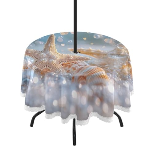 Nander Beautiful Starfish Shells Outdoor Tablecloth 60In,Waterproof with Zipper Umbrella Hole Patio Round Table Cloths for Backyard Parties Picnic BBQs