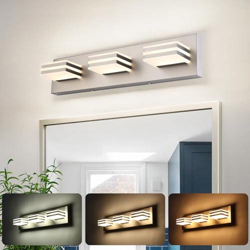Image of Brushed Nickel Vanity Lights for Bathroom Light Fixtures (3-Light, 20-Inch) Adjust 3 Colors Modern Bath Lighing Fixture Over Mirror LED Vanity Lighting