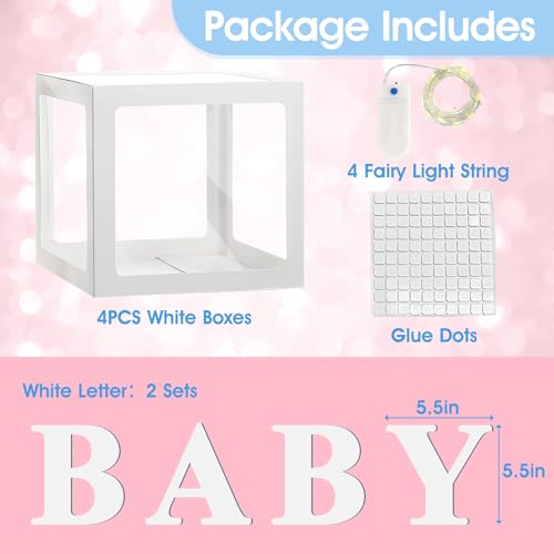 Image of Ledido Baby Boxes with Letters for Baby Shower Decorations, 4 pcs Clear Baby Balloon Boxes Blocks Decor with LED Fairy String Lights for Boy Girl Gender Reveal Decorations Backdrop Party (White)