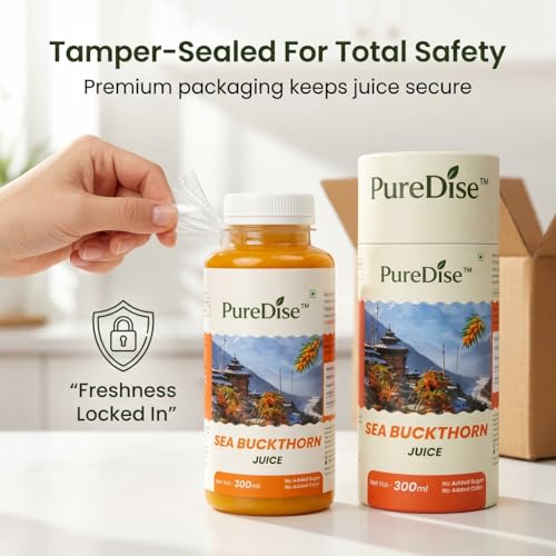 Image of Puredise Himalayan Sea Buckthorn Berry Juice 300 ml - Natural Vitamin C, Omega 3 6 7 9, Antioxidants For Immunity, Skin Glow & Gut Health - Makes 50 Glasses - Lab Tested