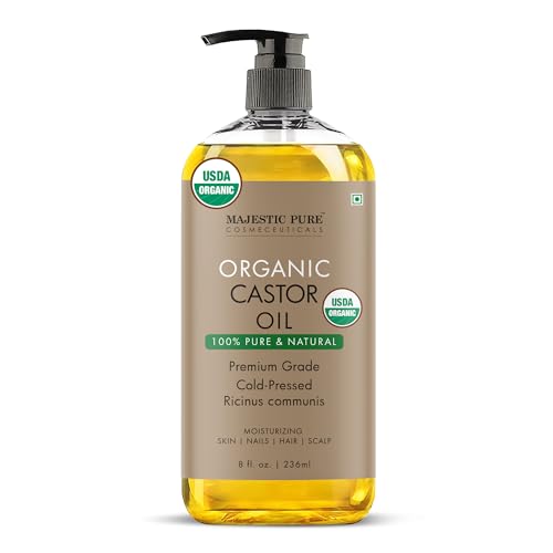 Majestic Pure USDA Organic Castor Oil 8oz - 100% Pure Cold Pressed & Hexane Free Natural Hair Growth Oil for Eyelashes, Eyebrows, Beard, Face, Skin & Nails