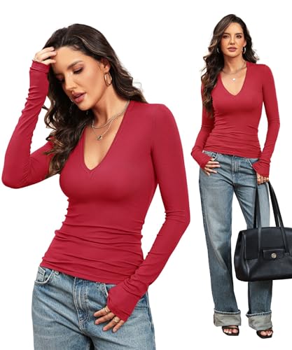 Prettywear Sexy Deep V Neck Long Sleeve Shirts for Women Ribbed Knit Going Out Tops Fitted Casual Basic Tee 2025 Fall Clothes4