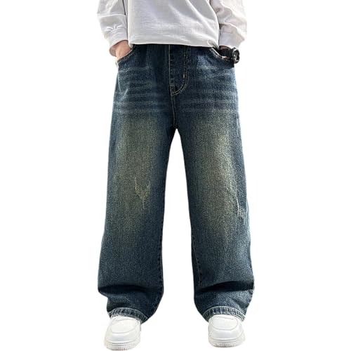 Rolanko Boys Baggy Jeans Wide Leg Elastic Waist Denim Pants Loose Fit Trousers Vintage Y2K Streetwear (Basic 14-16)