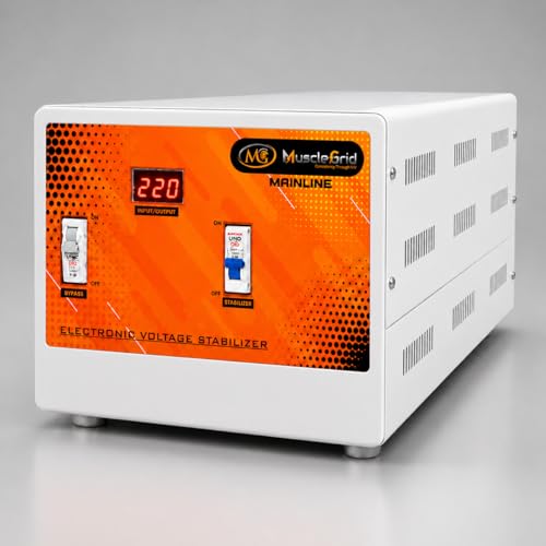 Image of MuscleGrid Mainline 8 KVA Electronic Voltage Stabilizer for Home, Office & Shop, 32 Amps Load, 90V-300V Input Range, Toroidal Transformer, 220V Output, Wall Mount & Floor Mount