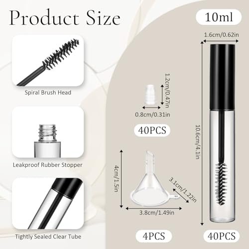 40 Pieces 10 ml Empty Mascara Tube Eyelash Wand, Refillable Premium Eyelash Cream Container Bottle with 4 Pieces Mini Funnels and Leak Stoppers for Castor Oil, DIY Cosmetics2