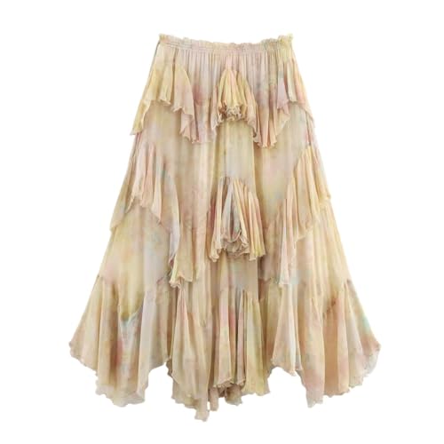 Women’S Casual High Waist Printed Skirt with Ruffle Edge Big Swing A-Line Knee-Length Skirt