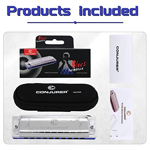 Image of CONJURER Mouth Organ Key of C, 10 Hole 20 Tone Stanadard Diatonic Blues Harmonica with Case, Harmonica Harp for Beginner, Adults, Kids, Professional, Students, Friends, Gifts (Sliver,C)