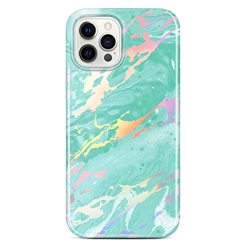 JIAXIUFEN Shiny Holographic Case Compatible with iPhone 12 and iPhone 12 Pro Marble Slim Shockproof TPU Soft Rubber Silicone Cover Phone Case 6.1 inch 2020 Mint