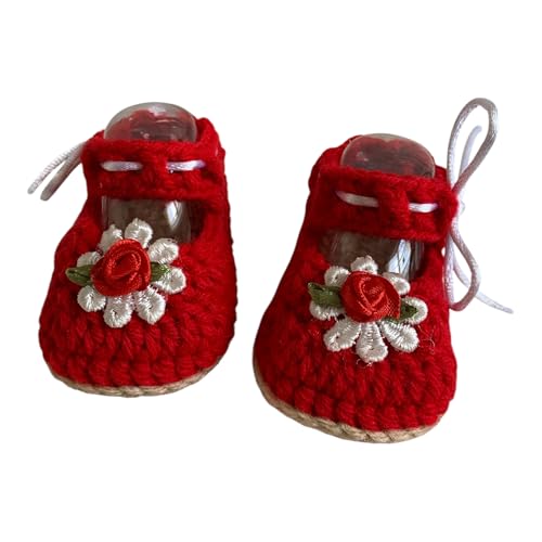 Handmade Baby Girl Crochet Mary Jane Shoes, Red Cotton with Floral Design, Soft Booties for Newborn2