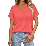 Damen ????, Top Damen Kurzarm Oversize Shirts Sommer Party V Ausschnitt Tailliert Hemdes Schlichte Baumwolle Casual T Shirt 2000S Clothes Rot 3XL