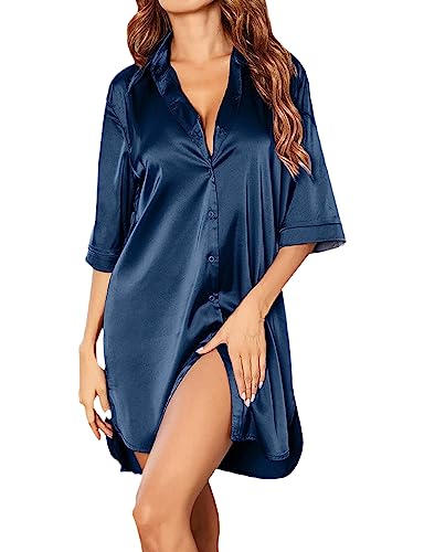 Image of Yvipette Women's Mid-long Satin Sleepwear Shirt Dress Relax Half Sleeve Button Down Loungewear Tops