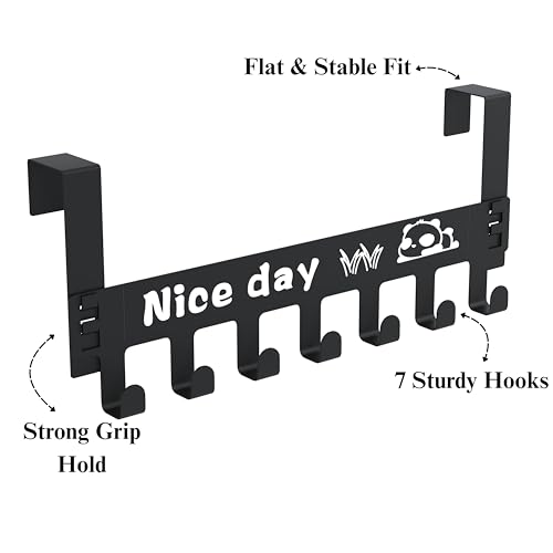 Image of Powder Coated Over the Door Hook Hanger | Heavy Duty No Drill 7 Hook Organizer | Space Saving Door Hanger for Bedroom, Bathroom, Kitchen & Home Storage - Black (Pack of 2)