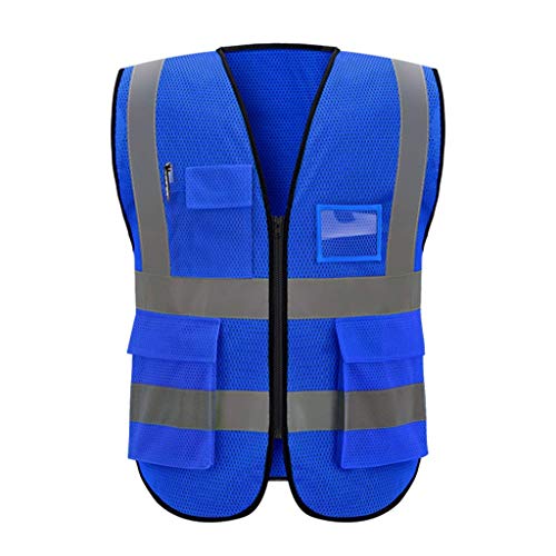 DBSCD Chaleco de Seguridad para Hombres, Azul Chaleco de Alta Visibilidad Multi-Bolsillo Rejilla Transpirable Ropa de Trabajo Chaleco de Seguridad Reflectante Chaleco (XXL)