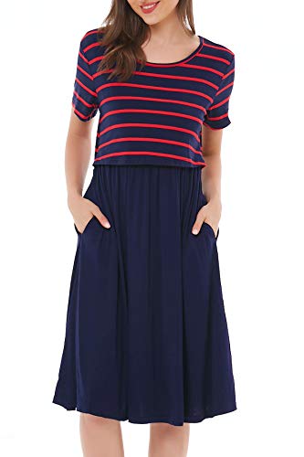 Smallshow Robe d'allaitement à Manches Courtes Robe de Maternité Décontractée pour Femmes pour Allaitement Navy Wine Stripe-Navy Small Cover