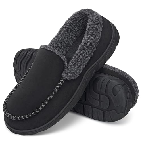 Image of Men's Moccasin House Slippers Memory Foam Suede Plush Indoor Bedroom Shoes | Fuzzy Non-Slip Warm Winter Comfy Cowboy Slippers for Indoor Outdoor Home Dad Husband Grandpa Gifts Black Brown Grey