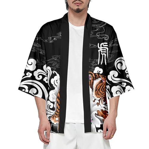 Image of DOSLAVIDA Men's Japanese Kimono Cardigan Suit Chinese Style Printed Jacket Pants Set Open Front Seven Sleeve Top & Shorts