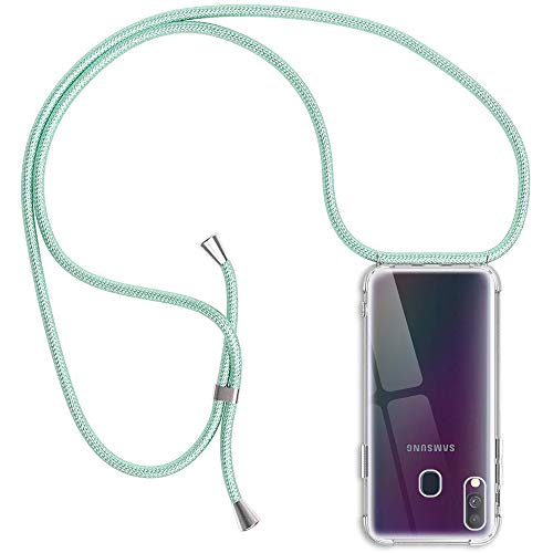 Funda para Samsung Galaxy A40, Transparente Silicona Carcasa con Cuerda para Samsung A40, Ultrafina Suave TPU Gel Case con Cuerda para Colgar Ajustable Anti Golpes Protector Case Verde Claro Cover