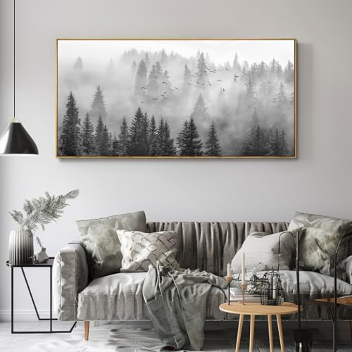 Image of vgrozirh Framed Ready to Hang Wall Art Foggy Forest Black and White Wall Art Nature Landscape Mountain Photographic Printed on Canvas for Bedroom Living Room Office Home Decor 30 inchx60 inch