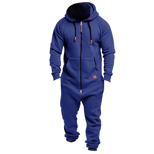 Mens Fleece Lined Hooded Jumpsuit Onesie Pajamas Zip Up One Piece Playsuit Jogger Sweatsuit Overall Romper Tracksuit Blue