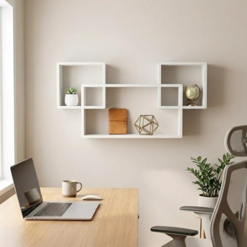 Image of Modern Geometric Floating Wall Shelf - Wall Mounted Decorative Display Shelves for Living Room, Bedroom & Office | Wooden Wall Shelf for Home Decor, Books, Plants & Showpieces Full White