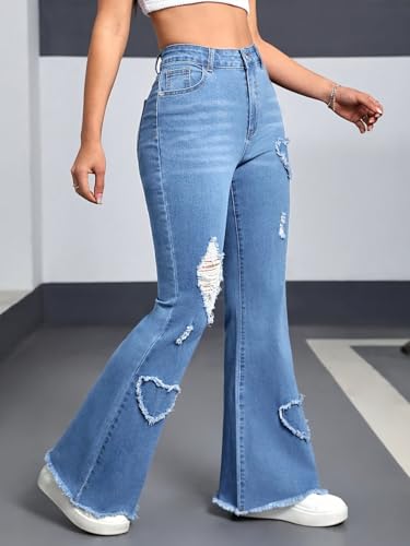 Women's High Waisted Flare Jeans, Light Blue Denim with Heart Distressing, Frayed Hem, Stretch Cotton Blend3