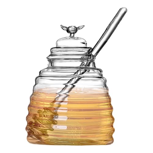 Tarro de miel con cucharón y tapa, tarro de miel de transparente con dispensador, elegante y hermoso recipiente de vidrio para almacenar, salsas