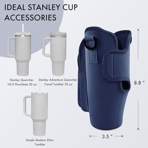 Image of Water Bottle Carrier Bag with Phone Pocket for Stanley Cup 40 /30 oz, Water Bottle Holder with Adjustable Strap& Straw Cover, Stanley Cup Accessories (Prussian Blue)
