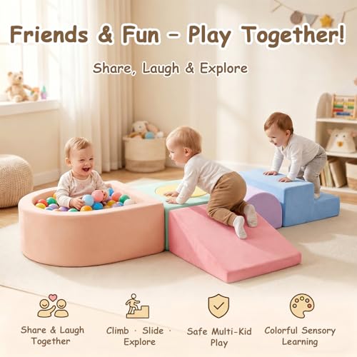 Image of Tiita Baby Climb and Crawl Playset 5-Piece with Small Ball Pit | Foam Climbing Blocks for Toddlers with Removable Washable Cover, Indoor Soft Play Climber, Macaron
