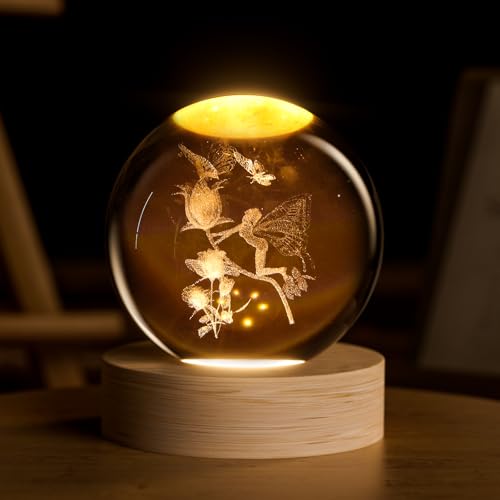 Fairy Crystal Ball, 3D Laser Engraved Rose Butterfly Glass Night