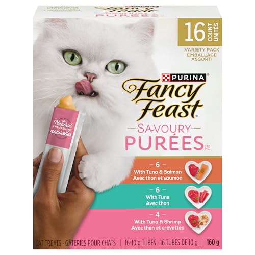 Fancy Feast Savoury Purée Naturals Cat Treats, Seafood Favourites Variety Pack - 10 g x 16 Sachet (1 Pack) - Image 3