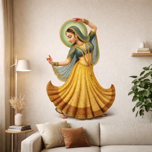 Image of Rangoli Indian Classical Dancer Wall Sticker 15.5 x 24 Inch Traditional Art Design Self Adhesive Wall Decor for Living Room Bedroom Hall Cultural Theme Wall Art