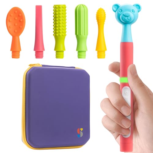 Image of Special Supplies Buzz Buddy Oral Motor Stimulation kit with 6 Soft Textured Interchangeable Heads, Calm Sensory Needs, Support Speech, and Stimulate Self Feeding, Gentle Vibrations (Pink)