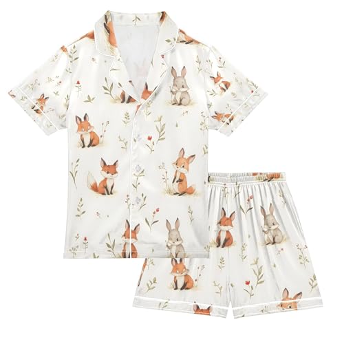 senya Fox Rabbit Cute A Satin Summer Pajama Sets Silk Short Sleeve Button Down Sleepwear