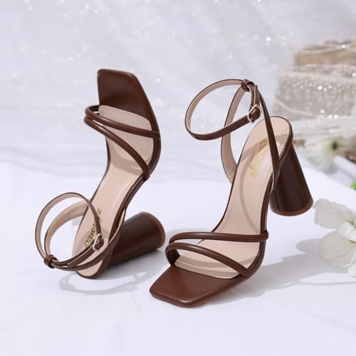 Image of RIBONGZ Block Heels Prom Heeled Sandals for Women Chunky Square Open Toe Strappy High Heels Ankle Strap Wedding Bridal Shoes High Heel Sandals for Party Dress