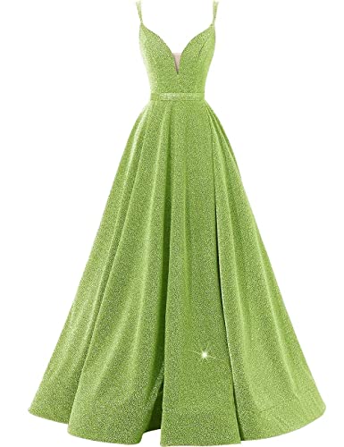 Image of V-Neck Prom Dresses for Women 2025 with Slit A Line Spaghetti Strap Sparkly Formal Party Evening Gown with Pockets,Avocado,US16W
