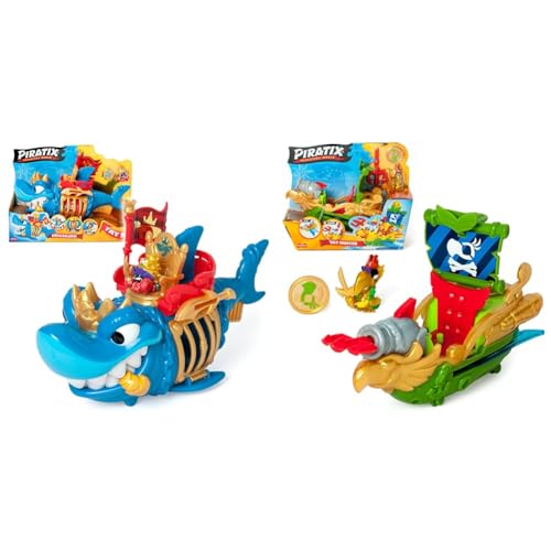 PIRATIX ADVENTURE WORLD King Shark– Tiburón articulado, con una Jaula para capturar a los Piratix & Sky Hunter – Barco Pirata en Forma de Loro. Incluye 1 Barco Pirata