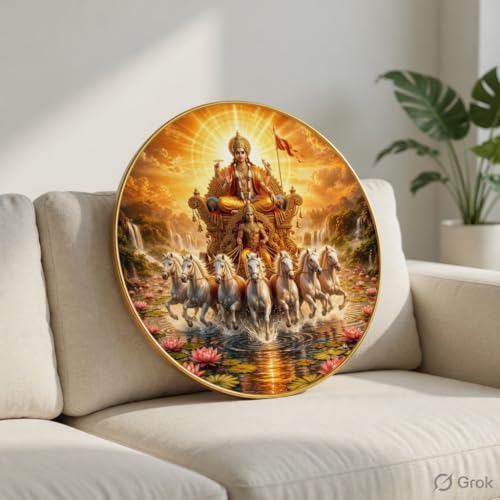 Image of SAF Surya Dev Wall Art with PVC Round Frame | Sparkle Laminated Sun God Chariot Seven Horses Divine Painting | Spiritual Wall Decor for Home Temple Living Room Office Gift Item