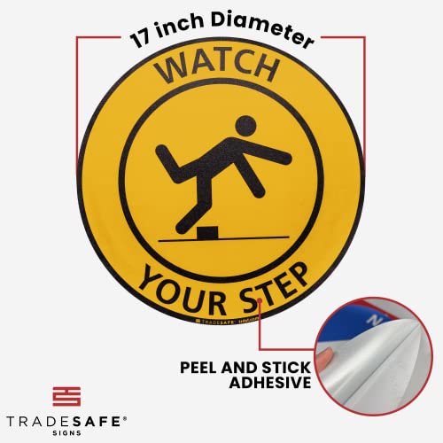 Tradesafe Watch Your Step Anti-Slip Floor Sticker - Watch Your Step Safety Caution Sign, Peel And Stick Adhesive Vinyl Sign, Ansi-Compliant, 17” Diameter Round Sticker #TOP2